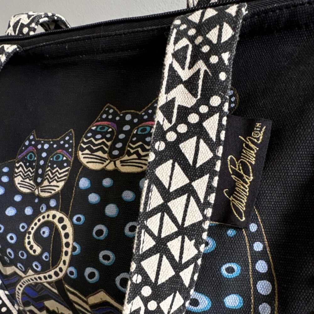 Laurel Burch Cat Tote Bag Black Blue Geometric Zip Top Shoulder Bag - Picture 3 of 8